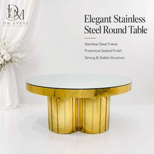 Table de banquet ronde en acier inoxydable doré avec base en colonne festonnée et plateau en verre trempé miroir, vente en gros - Product Image 1