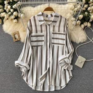 批发春秋长袖翻领衬衫女式条纹休闲衬衫 - Product Image 5
