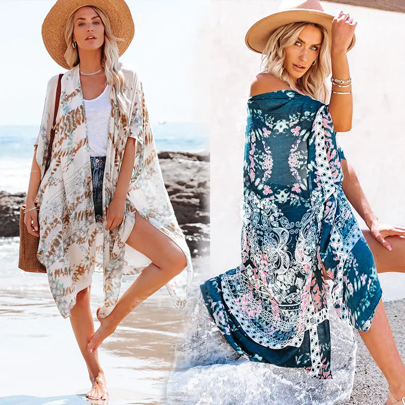 Custom Fashionable Ladies Long Beachwear Robe Pattern Print Open Front Kimono Beach Cover Ups