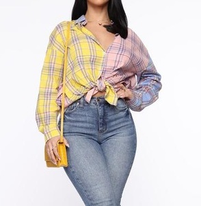 <span class=keywords><strong>Blusa</strong></span> Corta a Cuadros de Gran Tamaño con Contraste de Color, Camisa a Cuadros, <span class=keywords><strong>Blusa</strong></span> Corta con Ombligo Descubierto para Mujer, <span class=keywords><strong>Blusa</strong></span> de Manga Larga - Product Image 2