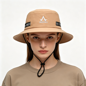 <b>Khaki</b> 3D Embroidery Logo Outdoor Ski <b>Bucket</b> <b>Hat</b> Wide Brim UV Protection Safari Sun Cap Adjustable Windproof Chin Strap Hiking - Product Image 1