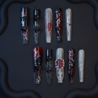 Ongles press-on Halloween 3D démon, en ABS, motif français, formes amande et carrée, pour salon de manucure et fêtes