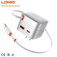 Chargeurs de téléphone portable LDNIO Q10 65W GaN PD3.0 avec câble rétractable intégré, chargeur rapide USB C 3 ports, adaptateur de voyage pour téléphone