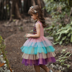 Girls' <b>Sequined</b> Tulle Dress O-Neck Ball Gown Multi Layer Color Block Flower Girl Costume Children's Day Party Wear - Product Image 2