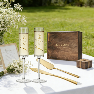 Verre en cristal gravé sur mesure fait main pour flûtes à <span class=keywords><strong>champagne</strong></span>, ensemble de spatules à gâteau, coffret cadeau en bois pour mariages, fiançailles et anniversaires - Product Image 2