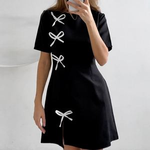 Dropshipping moda estate nuovo abito Midi manica corta per le donne nero bianco contrasto colore carino Y2K naturale <span class=keywords><strong>con</strong></span> <span class=keywords><strong>spacco</strong></span> laterale - Product Image 3