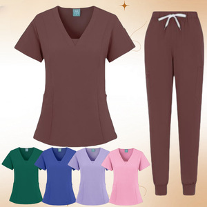 Women Scrub Set V-Neck Short Sleeve Knitted Split Uniform For Hospital Work <b>Clothes</b> - Product Image 5