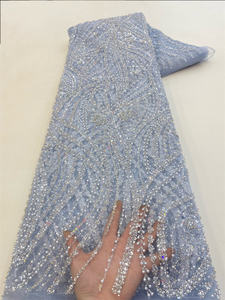 ผ้าลูกไม้ปักลายหรูหราประดับด้วยเลื่อมและมุก NI.AI Stripe Beads Pearls Lace สำหรับชุดแต่งงาน - Product Image 5