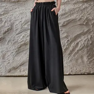 Polyester elastik yüksek bel fırfır İpli rahat pantolon siyah Baggy geniş bacak pantolon kadınlar için