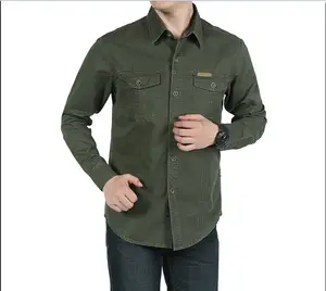 Kemeja Pria Katun Warna Solid Lengan Panjang Kerah Turn-Down Khaki Hijau Atasan Pria Kasual Kemeja Camisas Pria