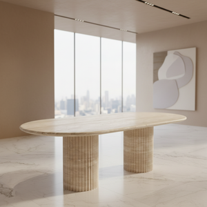 Tavolo da Pranzo in Travertino Naturale Personalizzato con Pietre Decorative, Tavolo da Pranzo in Marmo Travertino Ovale Scanalato - Product Image 1