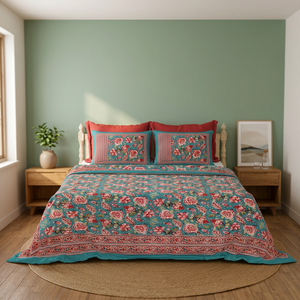 Juego de Sábanas de Algodón con Estampado Mediterráneo, Hechas a Mano en Jaipur, Estilo Boho Indio, Florales, Lavables - Product Image 2
