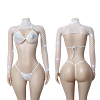 Nieuwe Sexy Hoge Hals Doorschijnende Mesh Lange Mouw Top 3 Stuks Shawl Badpak Sexi Lady Thong Bikini Maillot De Bain