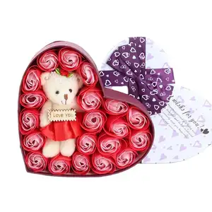 Caja de regalo para el Día de San Valentín, regalo de cumpleaños, 20 rosas, jabón de flores en forma de corazón, oso pequeño, caja de papel con lazo grande