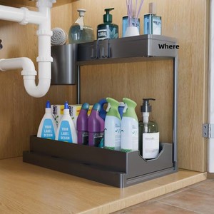 PET L-Shaped Under Sink Cabinet <strong>Storage</strong> Rack Plastic Multi-functional Kitchen Counter <strong>Organizer</strong> with Hanging Hooks Cup <strong>Hanger</strong> - Product Image 1