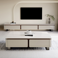 Juego de Mesa de Centro Moderno de Lujo Contemporáneo de Piedra Sinterizada y Madera con Almacenamiento, Diseño Duradero para Múltiples Usos en Sala de Estar, Dormitorio y Comedor