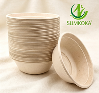 Bol à salade rond Sumkoka 500 ml en bagasse de canne à sucre biodégradable, jetable, compatible micro-ondes, qualité alimentaire, avec couvercle