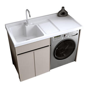 Meuble-lavabo moderne beige pour salle de bain avec lavabo intégré, compartiment pour machine à laver et rangement supérieur - Product Image 1