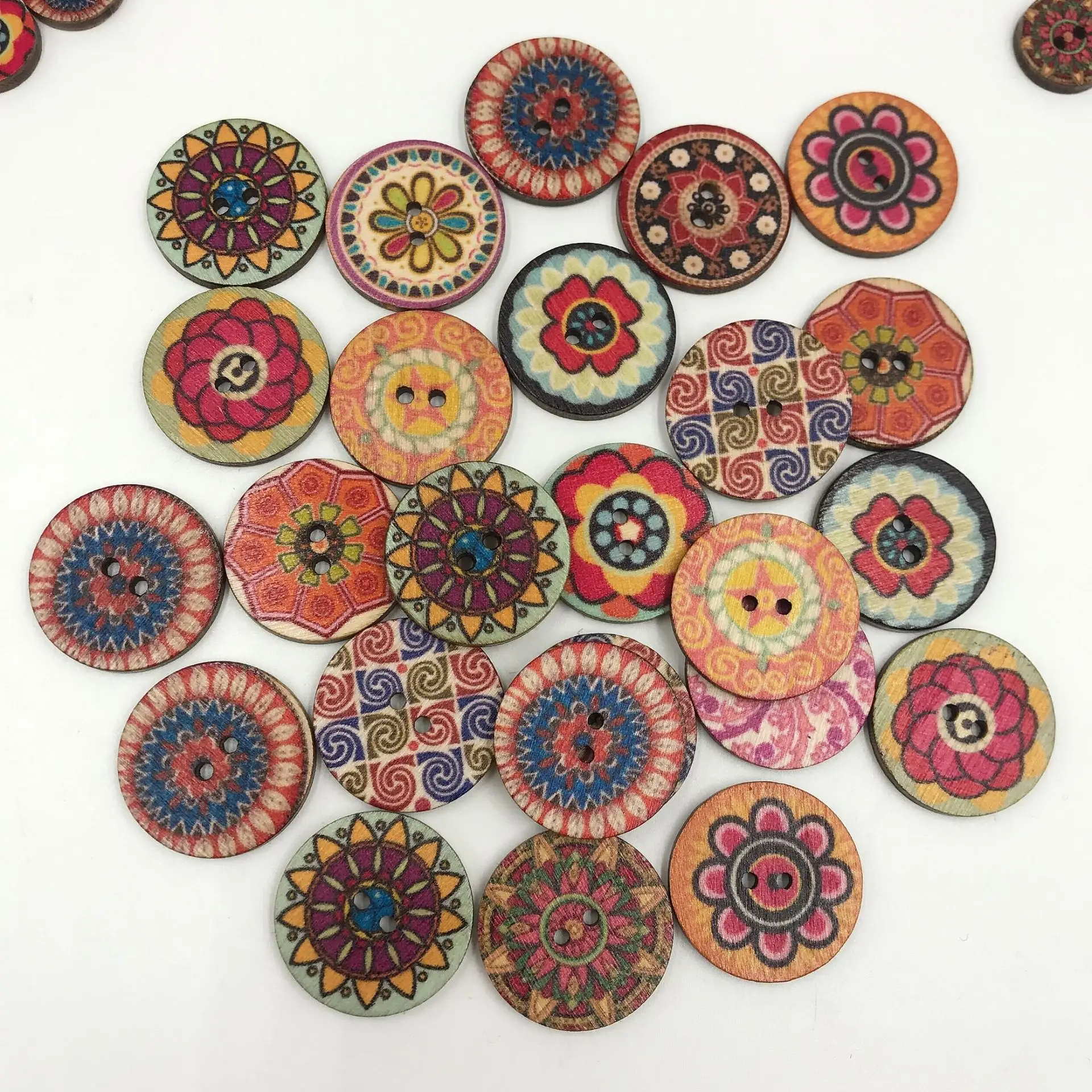 50pcs Retro Round Buttons Diy Hand-sewing Process Printing Wood Chips 25mm Two-holes Button for Clothes Decoration
