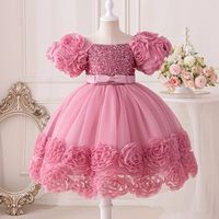 Robe de soirée d'été pour filles Noble Princess, 2-10 ans, satin rose, fleurs, robe de fête de mariage, perles, tulle bouffant
