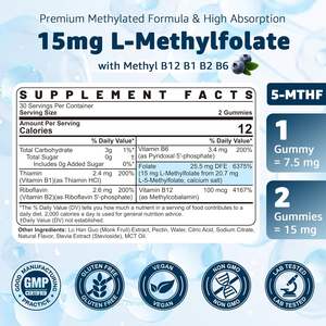 Oem L-Methylfolaat 15Mg & Methylb12 Gummies Gemethyleerd B1, B2, B6 Multivitaminen 5-mthf Gummies Ondersteunt Mthfr Gen Cognitie - Product Image 2
