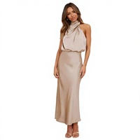 Nouvelle Collection Printemps/Été Europe Amérique – Robe sans manches en satin polyester haut de gamme, couleur unie, taille haute, col montant