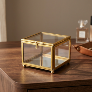 Jewelry Box <b>Small</b> Size 3x3x2" Decorative Organizer Glass <b>Mirror</b> Brass Finish Metal Artisan Design B296 Made India for Rings - Product Image 1