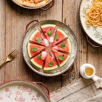 Assiettes Modernes à Double Anse Peintes à la Main, Vaisselle de Cuisine Durable, Assiettes Rondes en Céramique Rouge et Vert