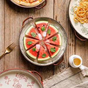 Alat Makan Modern 2022 Telinga Ganda Lukisan Tangan Makan Malam Peralatan Dapur Tahan Lama Piring Makan Malam Bulat Merah Hijau Piring Keramik - Product Image 6