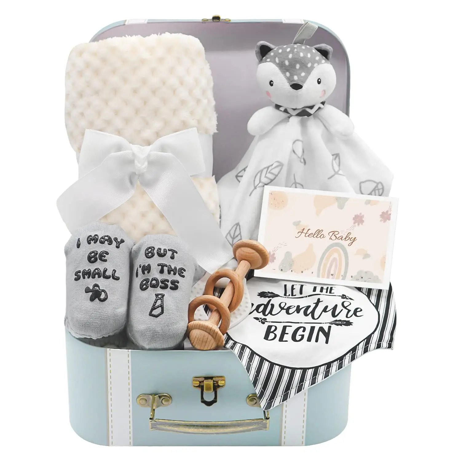 Baby Shower Gifts Basket Newborn Blanket Baby Security Blanket Wooden Rattle Toy Funny Baby Bibs Gift Set