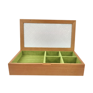 Caja de regalo de joyería de terciopelo de madera de cerezo de lujo grande con logotipo personalizado con tapa de vidrio en relieve para anillos, pendientes, pulseras, Relojes - Product Image 3