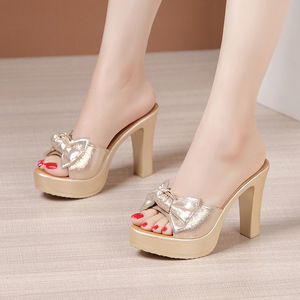 Xuanhui <strong>Sparkly</strong> Gold Wedding Shoes for Bride 10cm Platform Slides with Bow Metallic Finish Evening Party Mules Elegant <strong>Heels</strong> - Product Image 6