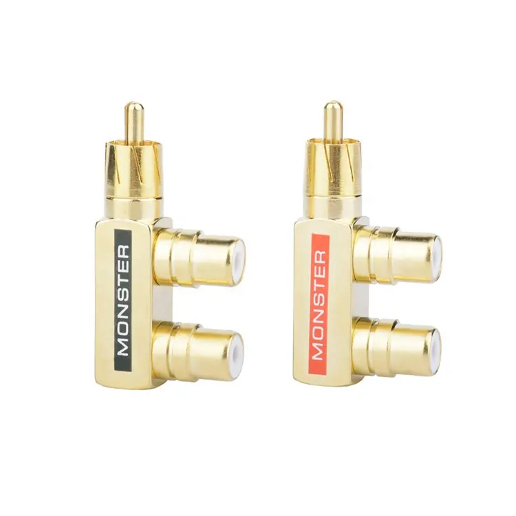 High-quality Copper 24K Gold Plated 1 male to 2 Female RCA Plug Jack Right Angle Splitter Plug Connector AV Adapter
