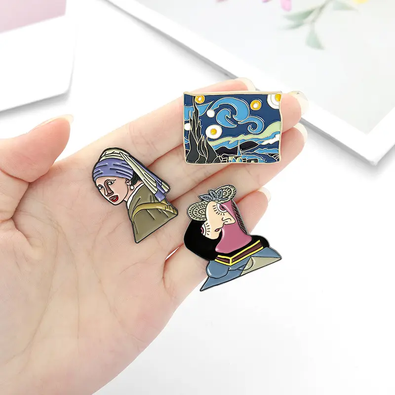 Wholesale high quality cartoon oil painting brooch Van Gogh Star sky enamel Pin Girl's collar art pin with pearl earrings