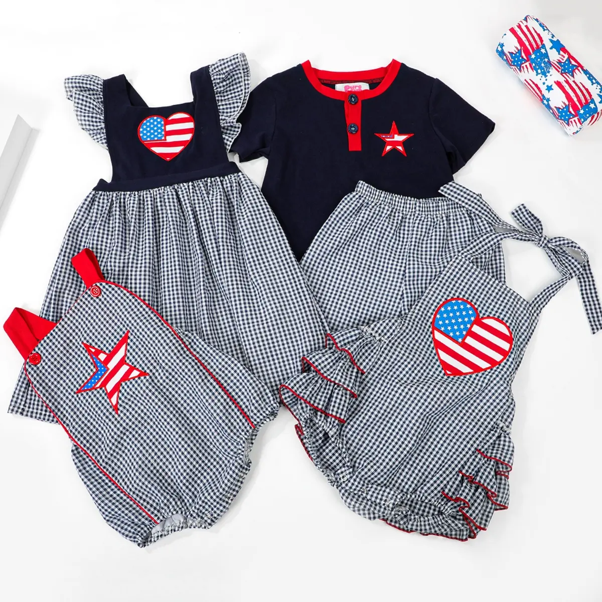 USA flag smocked sibling matching outfits kids boys girls patriotic applique custom clothing 4th of july toddler clothes