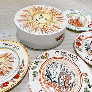 Assiette en céramique rétro européenne de 8 pouces, restaurant occidental, assiette à steak en porcelaine osseuse, boîte-cadeau circulaire de 4 pièces, emballage cadeau - Product Image 1