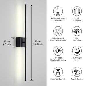 Applique murale LED rechargeable par USB 80cm Noir 350 °   Lampe murale rotative avec télécommande et batterie amovible pour chambre et salon - Product Image 5