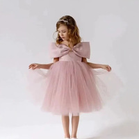 Robe de princesse rose en tulle à grand nœud et épaules dénudées pour filles, idéale pour les fêtes d'anniversaire, robe bouffante et mignonne