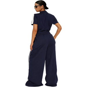 Navy Women Tracksuit 2 Piece Set Zip Up Short Sleeve Crop Top Button Side Wide Leg Pants - Product Image 2