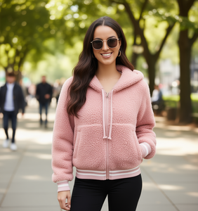 Chaqueta polar con capucha para mujer, rosa, manga larga, informal, para invierno, antipilling, de punto, color liso, con cierre de cremallera y hombros caídos - Product Image 2