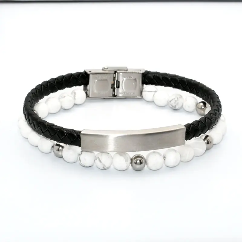 New Design Real Black Leather 316L Stainless Steel Natural Gemstone Howlite Round Beads Bracelet for Luxury Men