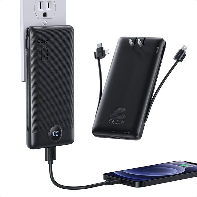 Built- in 2 in 1 Cable AC Adapter Power Bank Odec 10000mAh USB C Portable Charger 5 Output 2 Input Ultra Slim LED Display