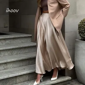 Vintage para saia Midi solto Elegante cintura alta IHOOV mulheres cetim saia longa