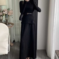 Nouvel ensemble tricoté deux pièces hiver 2026 pour femme : pull élégant et jupe longue taille haute assortie, marron, petite taille, élégant et chaud