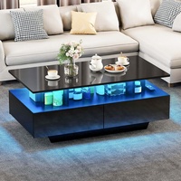 Table basse centrale de meubles de salon en bois à lumière LED réglable blanche à haute brillance avec tiroir de rangement