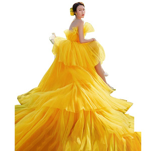 Yellow Tulle Ball Gown Strapless Wedding Dress Natural Waistline For Photo Studio Forest Theme Portrait Photography Outfit - Product Image 5