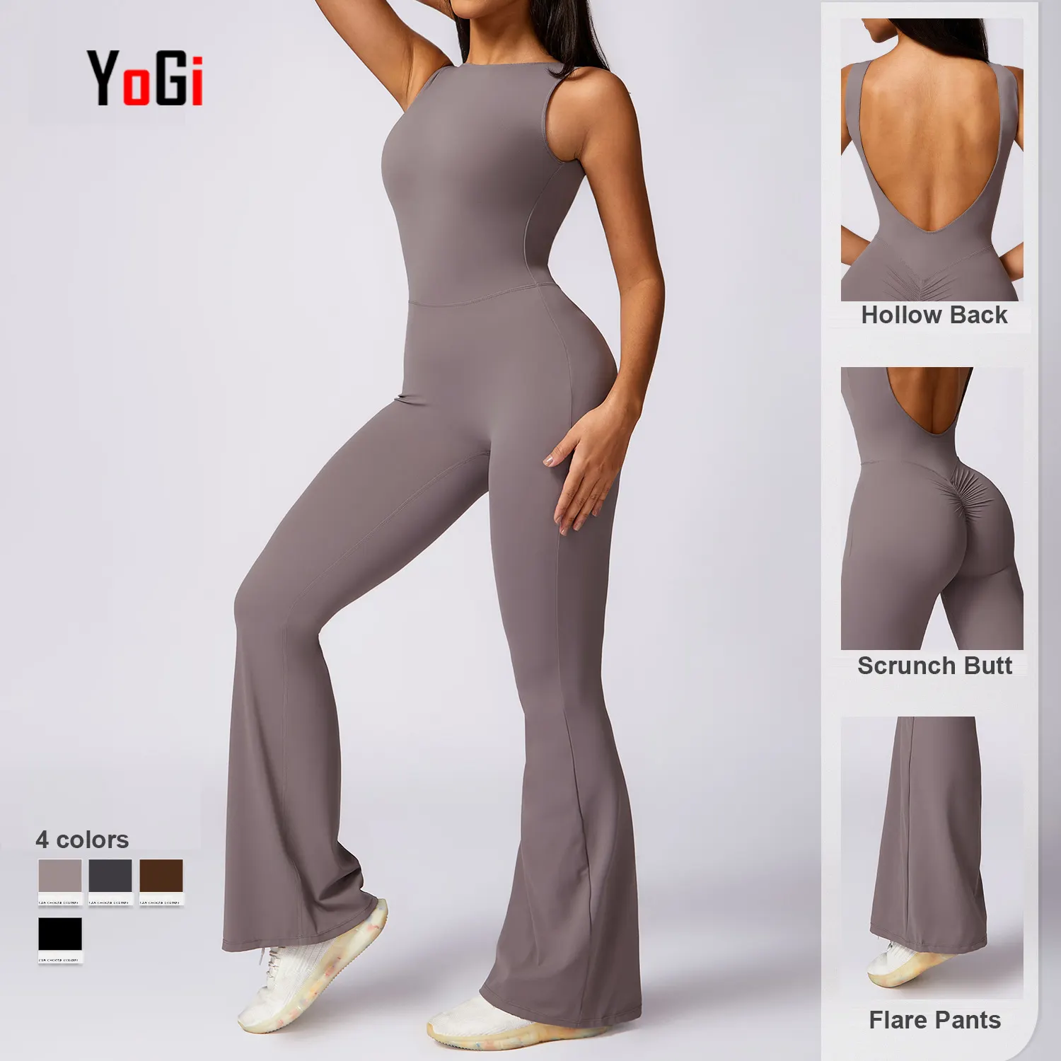 Baju monyet OEM seksi wanita, jumpsuit latihan Yoga satu potong punggung berongga warna hitam seksi, jumpsuit menyala untuk musim panas