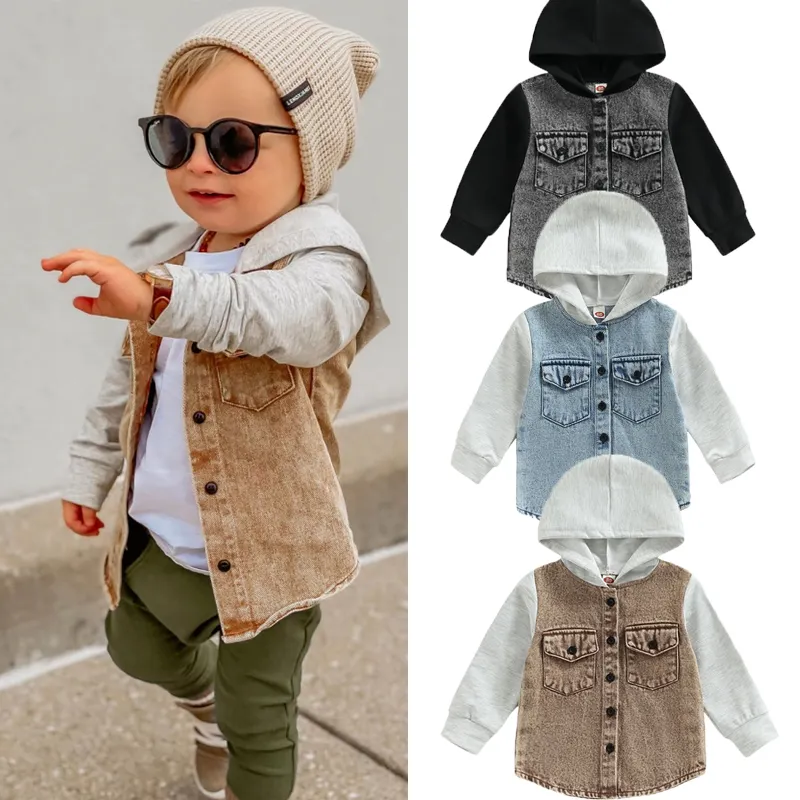 2023 automne automne à manches longues enfants à capuche Shackets boutonné enfant en bas âge bébé garçons filles à capuche Denim vestes avec poches