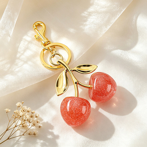 Cute Red Cherry Keychain Gold Plated Metal <b>Key</b> <b>Ring</b> Sparkly Resin Fruit <b>Bag</b> Charm for Women Purse Decoration - Product Image 3