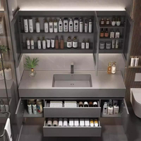 Desain furnitur Modern mewah mengambang batu Sintered meja kabinet kamar mandi cermin LED Set rias dengan wastafel keramik